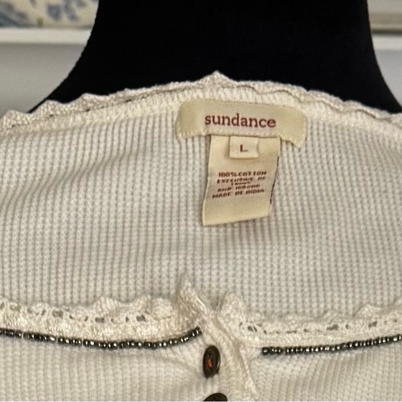 Sundance L Ivory Thermal Henley Top Boho Crochet Trim & Embroidered Sleeves - Picture 5 of 6